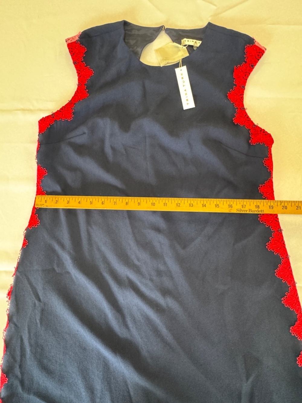 Trina Turk Whim Crochet Lace Trim Appliqué Shift Dress Navy Blue Size 16 NWT - Picture 9 of 15